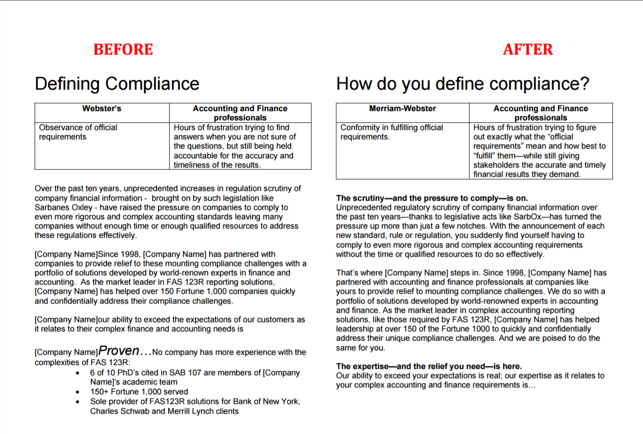 The before and after versions of an edited brochure for a tech company