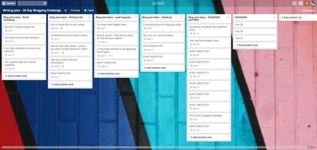 My (unused) blog calendar on Trello