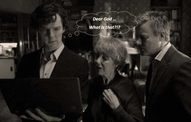 Sherlock looking at a piece of marketing content on a laptop. He's thinking, "Dear God... What is that?!?"